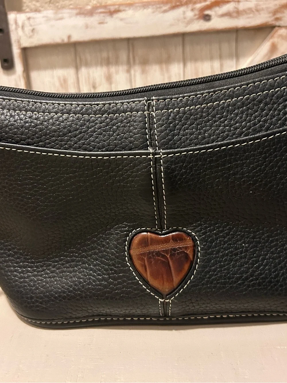 Brighton Vintage Black Pebbled Leather & Brown Croc Hobo Shoulder Bag Purse
